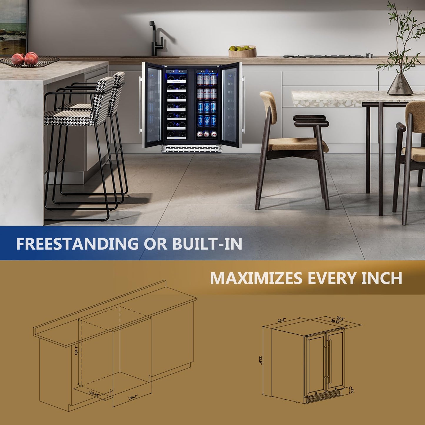 Phiestina Wine and Beverage Refrigerator, 24’’ Wine Cooler- 20 Bottles&78 Cans, Built-in/Freestanding Dual Zone Wine Fridge with Glass Door, Removable Shelves for Home/Bar/Office