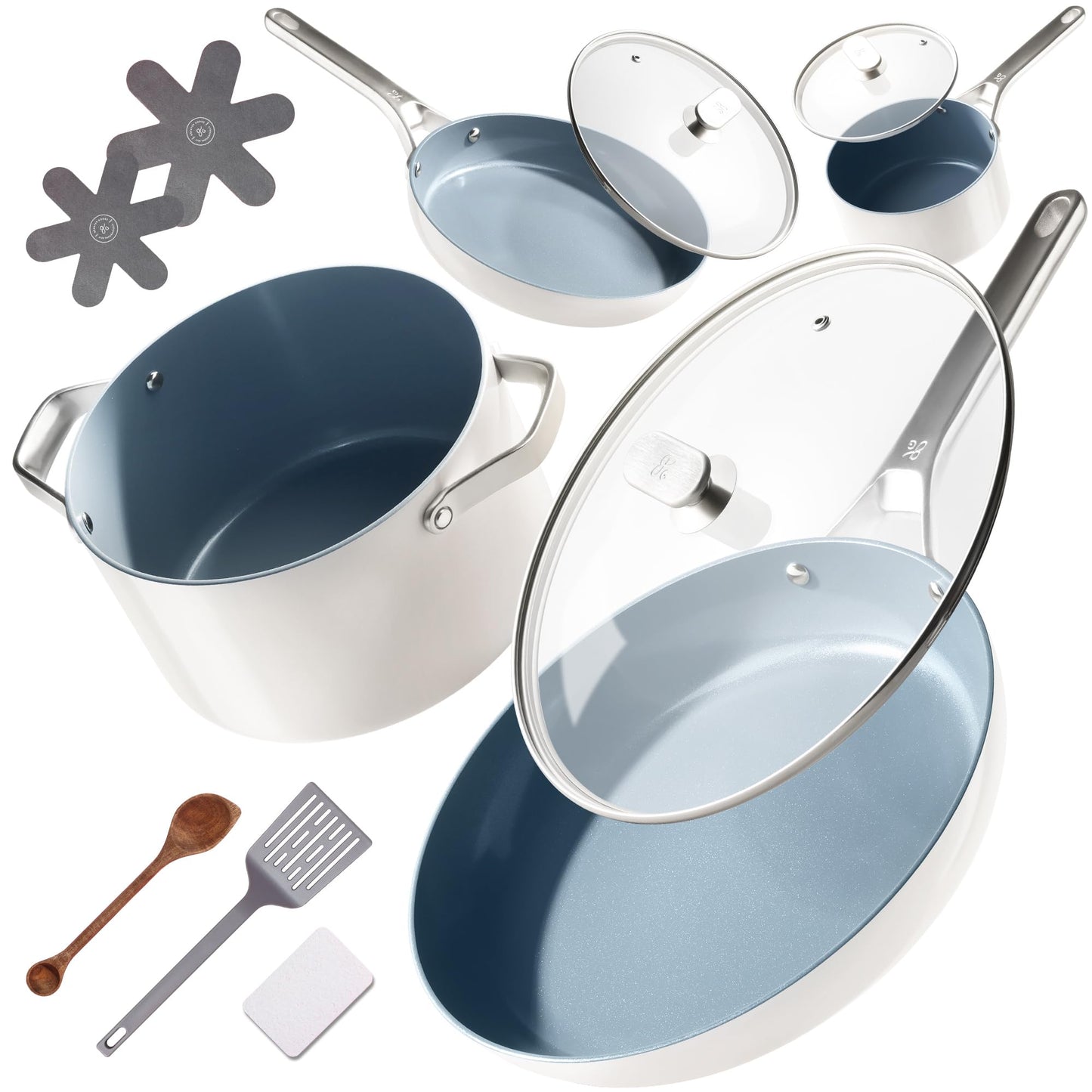 Premium Non-Toxic Ceramic Cookware Set – Triple-Layer Nonstick 12 Piece Pots and Pans with Lids, PFAS-Free, Oven Safe for Healthy Meals, Space-Saving Design, Birch White Color | Greater Goods