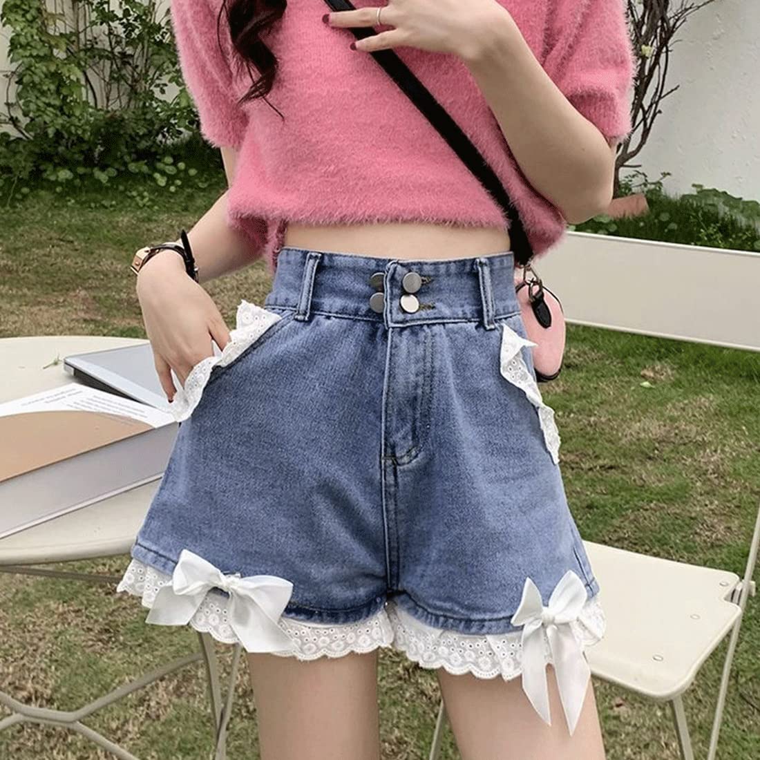 RILGOU Harajuku Y2K Style Pastel Kawaii Gothic High Waisted Straight Wide Leg Vintage Lace Knot-Bow Trim Denim Shorts S