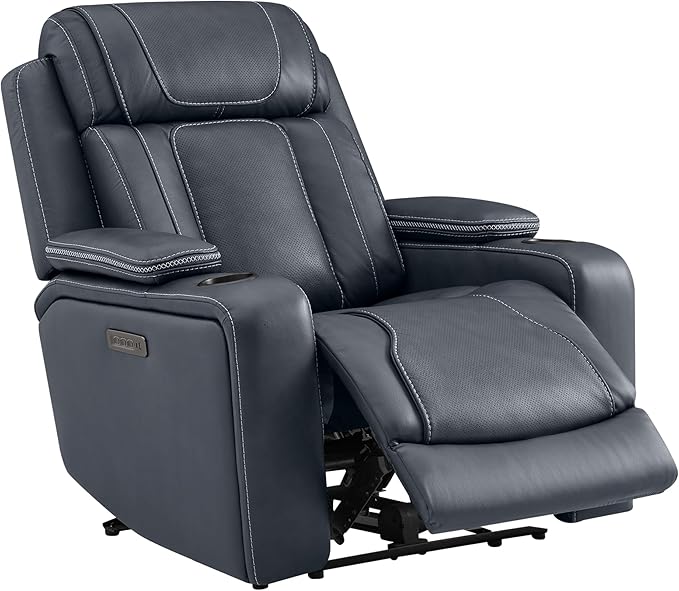 Watson & Whitely Super Zero Gravity Recliner Chair, Oversized Genuine Leather Electric Recliner W Power Adjustable Headrest & Lumbar Support Hidden Storage for Living Room, Navy Blue