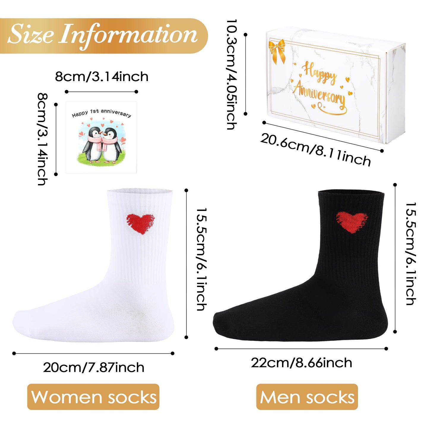 EcoUtens 1 Year Anniversary Romantic Gifts Set – 2 Pairs of Penguin Couple Socks with 1st Anniversary Card & Gift Box for Couples, Him, Her, Husband, Wife, 1 Year Wedding Anniversary