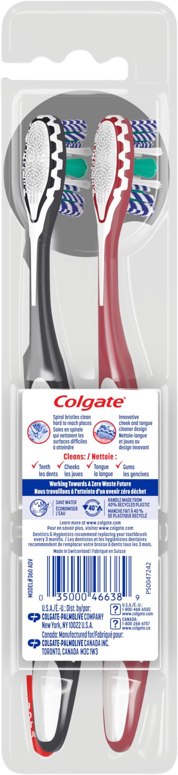 Colgate 360 Optic White Advanced Whitening Toothbrush, Adult Medium Toothbrush with Whitening Cups, Helps Whiten Teeth and Removes Odor Causing Bacteria, 2 Pack