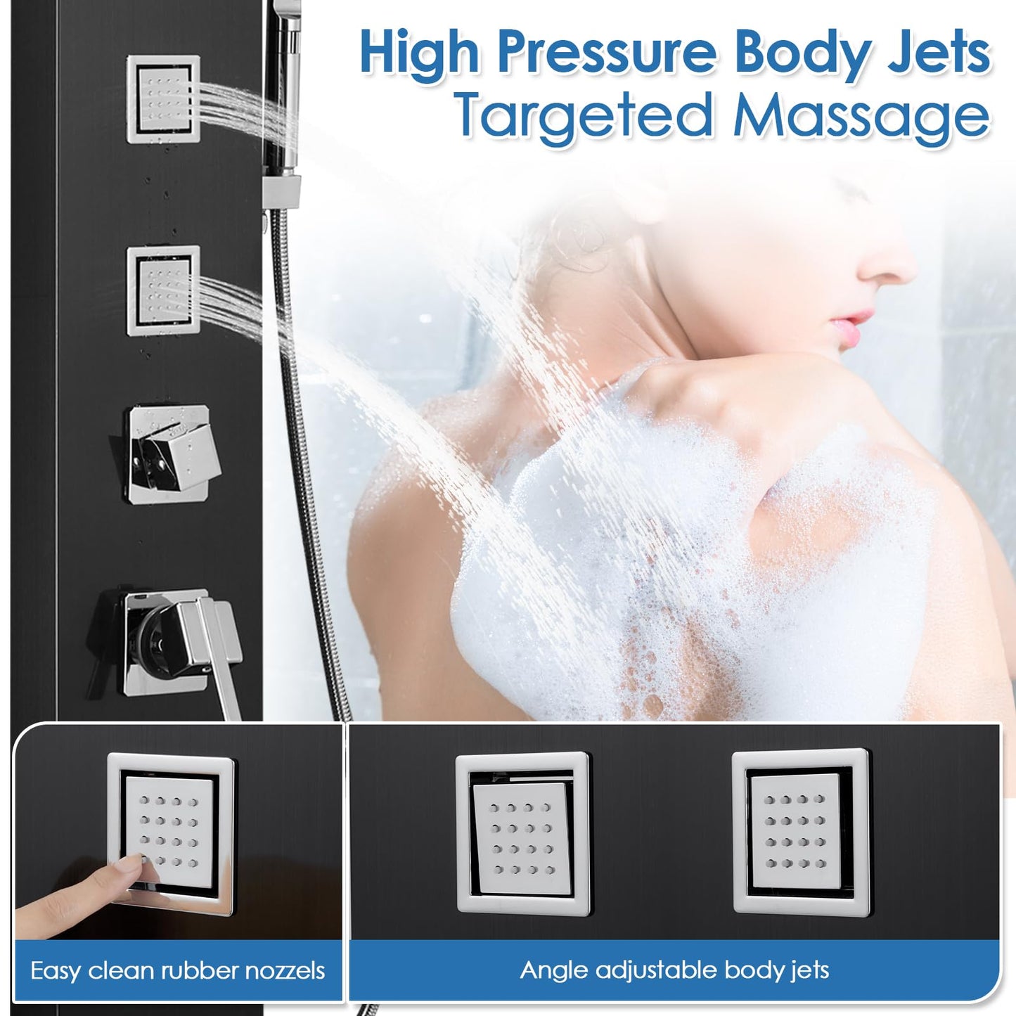 ROVOGO Shower Panel Tower System with LED Lights - No Battery Needed, Shower Column with Rainfall Waterfall Shower, Body Jets, Handheld Shower, Tub Spout and Temp Display, Black