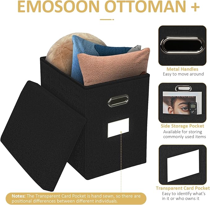 Emosoon Tall Ottoman with Storage Collapsible Fabric Small Slim Folding Ottoman Furniture with Handles Lid for Room Footrest Foot Stool Linen Black 16.5x16.5x11.8in