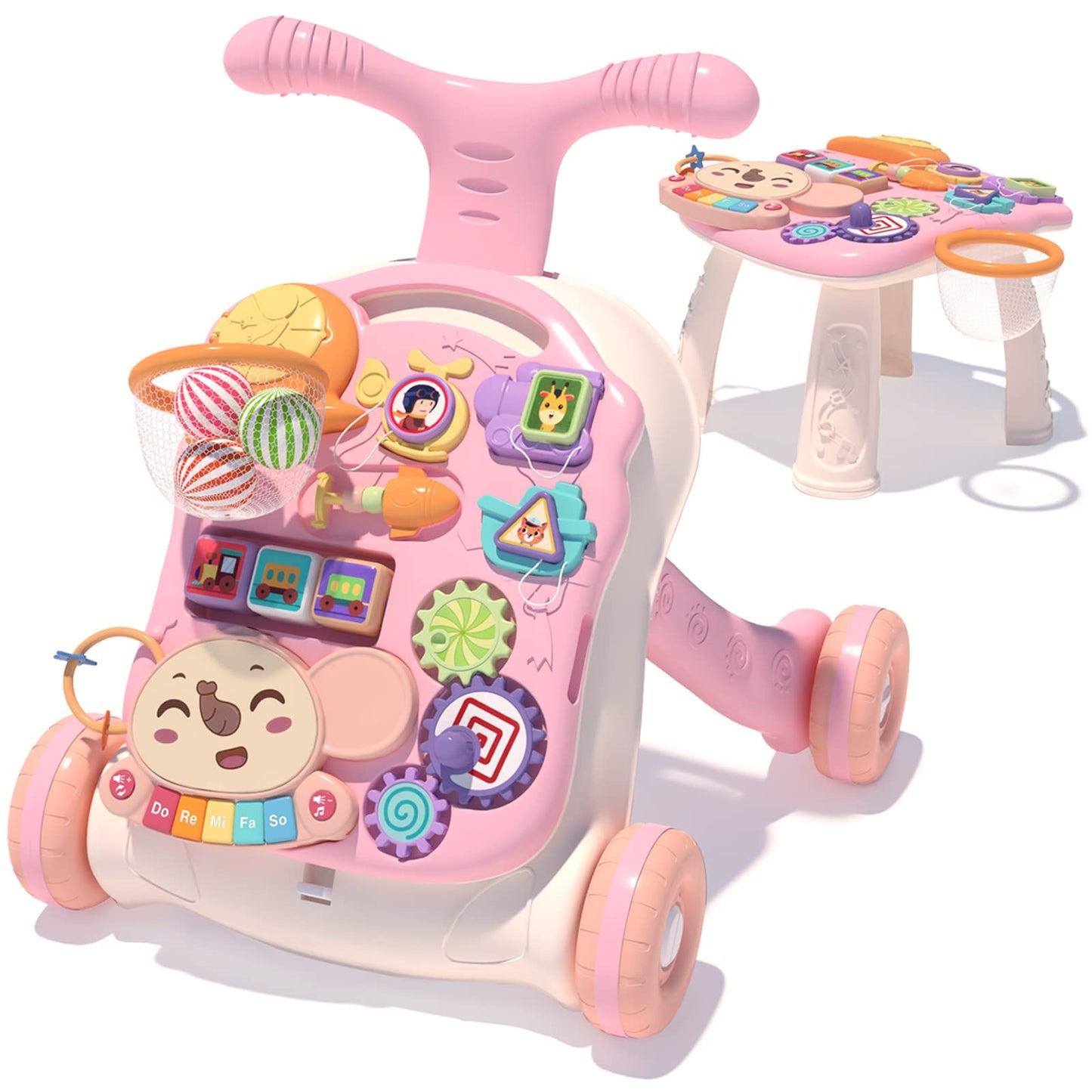 QDRAGON 3 in 1 Baby Walker and Activity Center for Girl, Learning to Walk, Sit to Stand, Early Educational Push Toys with Music Panel for Infant Toddler 12+ Months Pink
