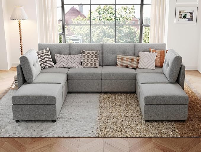 LINSY HOME Modular Sectional Sofa Oversized, Removable Cover Living Room Couches with Storage Deep Seat & Ottoman Chaise L/U Shaped Sofa Modern Couch (Grey, 6 Seats & 2 Ottomans)