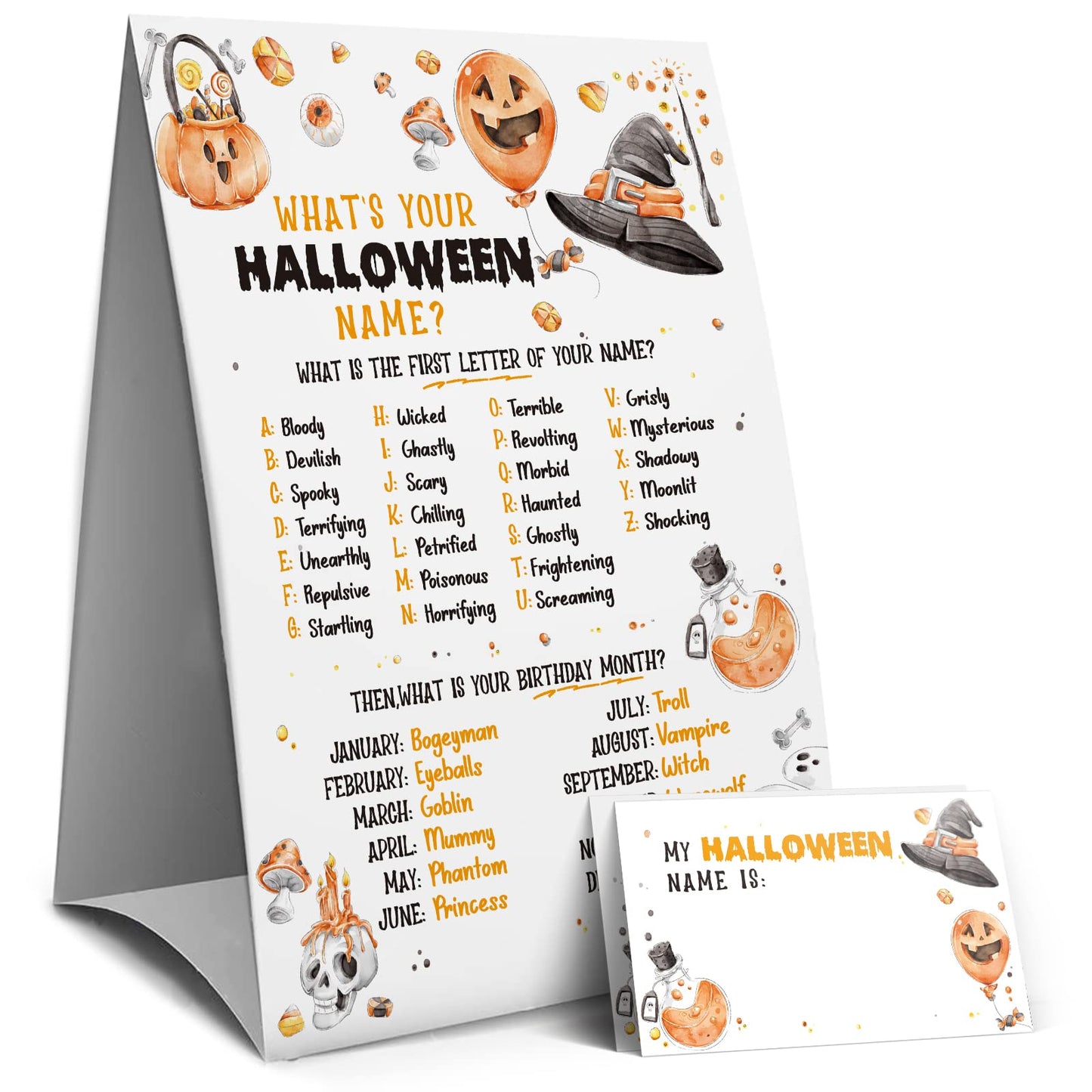 Muruseni Halloween Games Sign - What's Your Halloween Name Game, Halloween Games and Activities for Family, Fall Party Games（3WN）