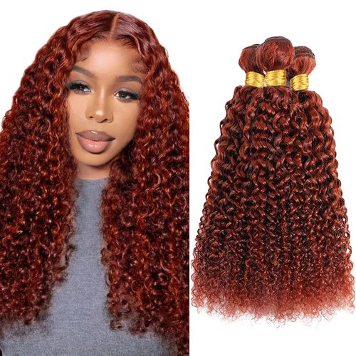 P33/350 Bundles Ombre Ginger Brown Kinky Curly Human Hair Bundle Two Tone Color 33 Auburn Mixed With Orange Bundle Highlight Copper 3 Bundles 16 18 20 Inch