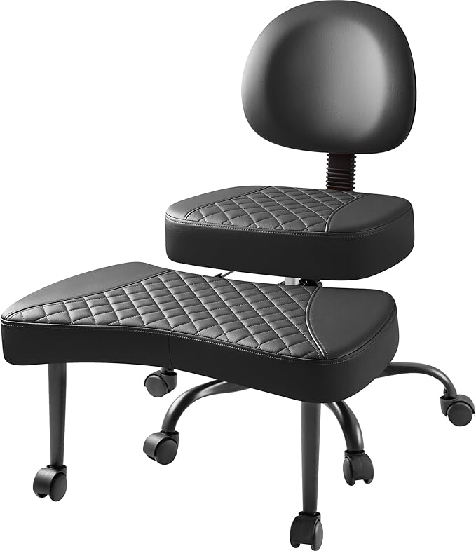 Furmax Ergonomic Criss Cross Legged Office Chair with Wheels, 360°Swivel Adjustable Height Kneeling Desk Chair with Footrest for ADHD, Yoga, Meditation, Home Office (Leather, Black)