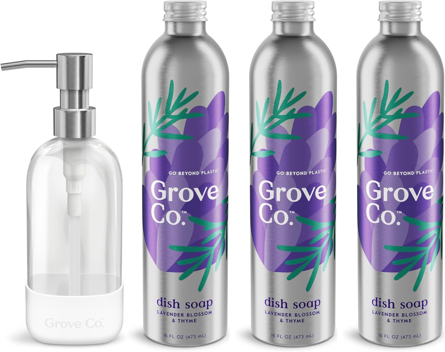 Grove Co. Ultimate Dish Soap Refills (3 x 16 Fl Oz) + Refillable Glass Dish Soap Dispenser for Kitchen Sink with Non-Slip Silicone Sleeve, Plastic Free Cleaning Products, Lavender Blossom & Thyme