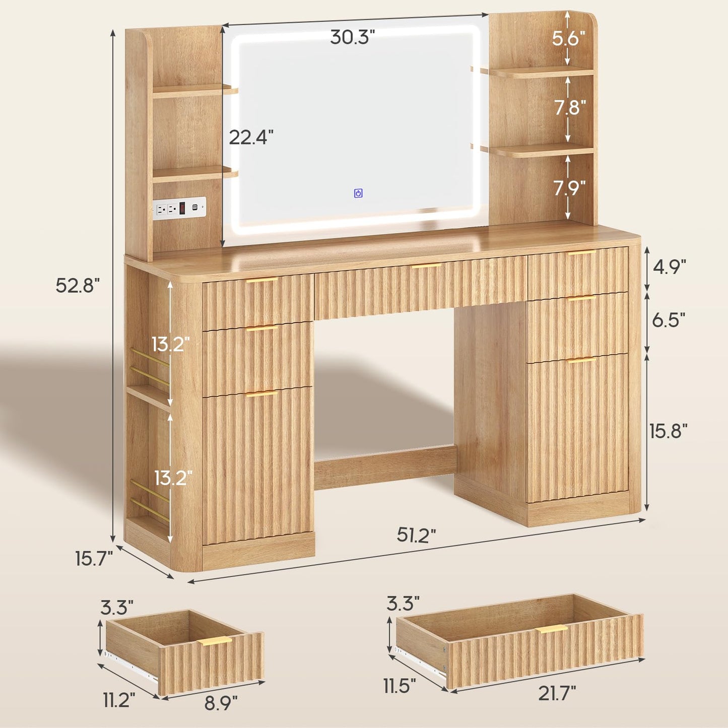 HAUOMS 51.2" Fluted Makeup Vanity Desk with Large 30.3" Mirror and Lights, 5 Drawer Vanity with Power Strip, 6 Open Shelves, 2 Cabinet，Modern Dressing Table with Solid Wood Legs for Bedroom, Oak
