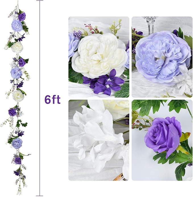 DearHouse 2Pack Artificial Peony Flower Garland - Silk Peony Garland with Purple White Flowers for Wedding Party Table Decoration,6ft/Strand(White&Purple&Dark Purple)