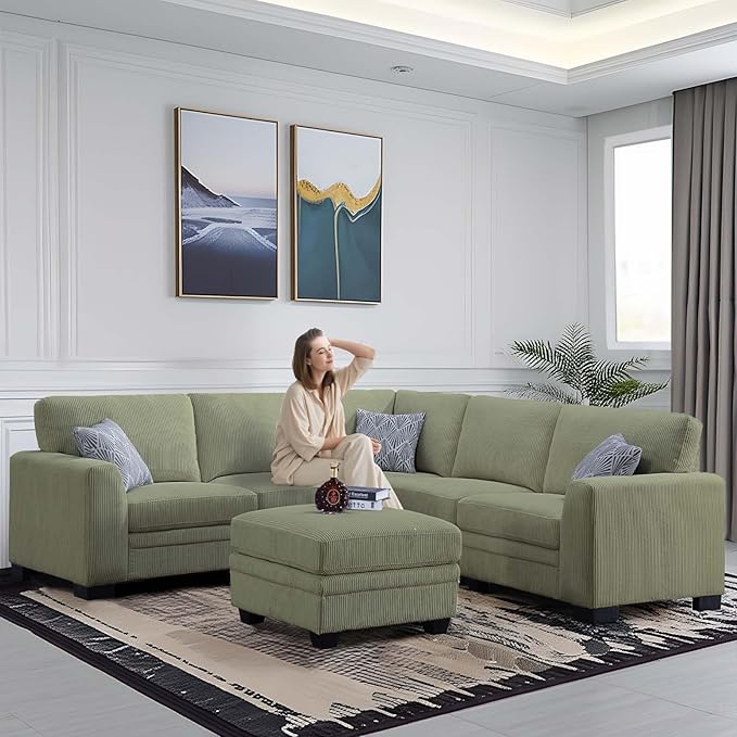 Legend Vansen Oversized Modular Sectional Sofa,6 Seat U Shaped Couch with Ottoman,Corduroy Sofa with Deep Seat,Convertible Large Sectional Couches for Living Room (Olive, L-6)