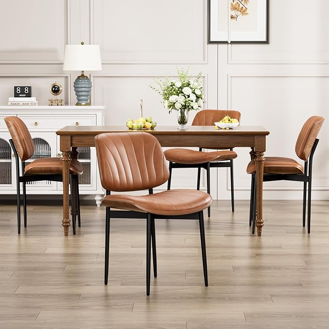 YaFiti Dining Chairs Set of 4, Dining Room and Kitchen Chairs, Mid Century Modern Accent Chair, Upholstered PU Leather Chairs for Vanity with Walnut Bentwood and Metal Legs, Light Tan
