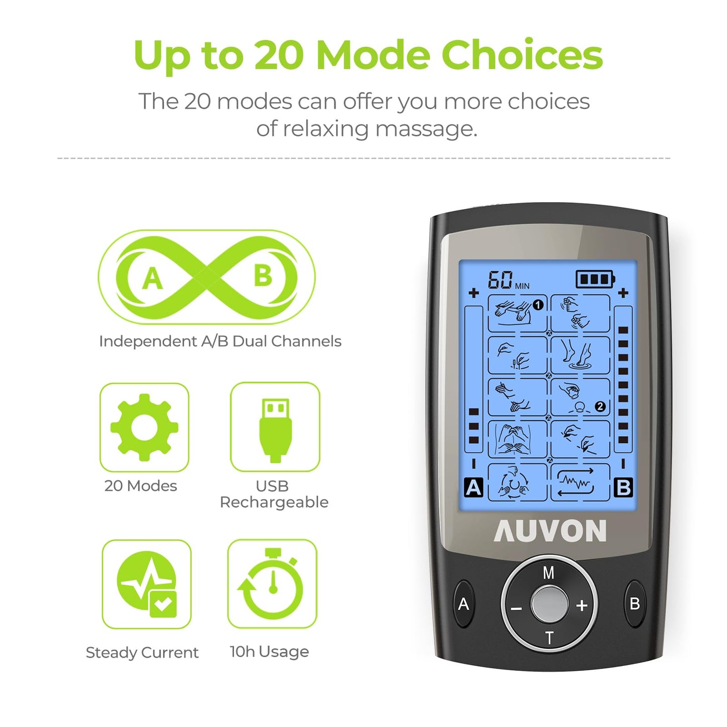 AUVON Dual Channel TENS Unit Muscle Stimulator Machine with 20 Modes, 2" and 2"x4" TENS Unit Electrode Pads (Black)