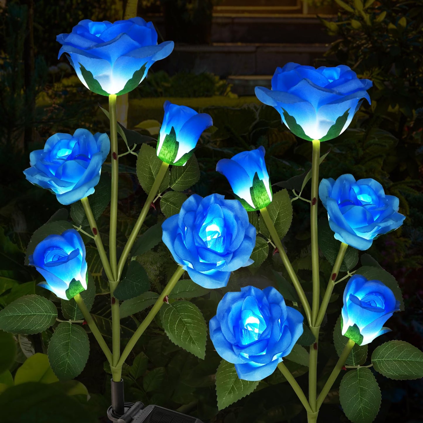 Etre Jeune Solar Garden Flower Lights Outdoor with More Realistic 10 Rose Waterproof for Outside Patio Yard Pathway Decorations, 2 Pack Blue
