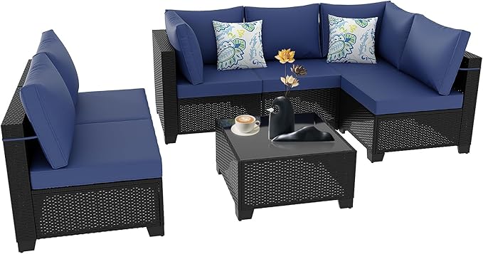 Ophelian 7 Pieces Outdoor Conversation Sectional Rattan Sofa, Patio Furniture Set, with Wicker and Cushions for Garden and Backyard, (Coffee/Deep Blue)