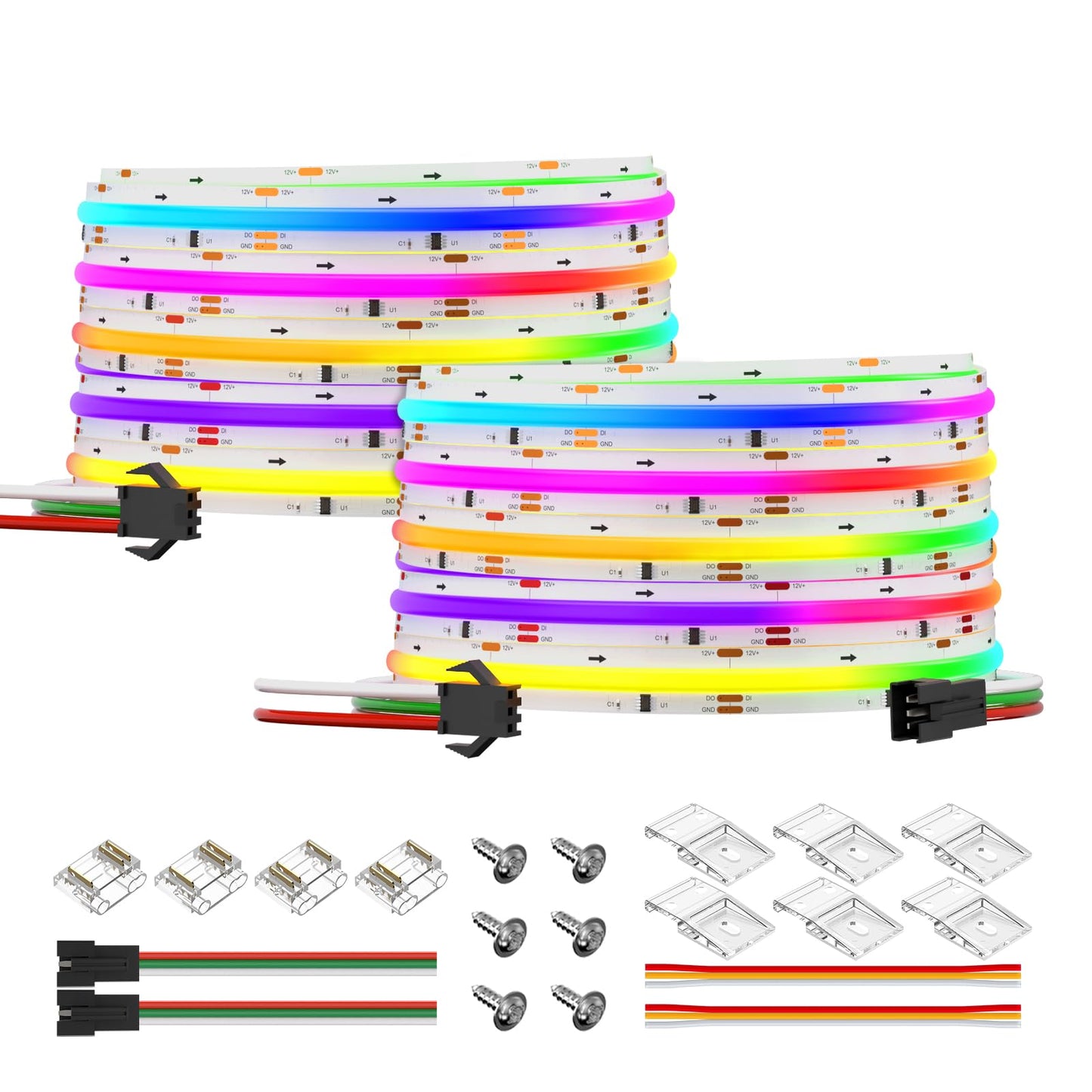 BTF-LIGHTING FCOB WS2811 IC RGB COB LED Strip DC12V 720LED/m Flexible High Density Uniform Chasing Color Light 2X16.4FT Total 32.8FT 20IC/m 12mm Width(No Adapter or Controller)