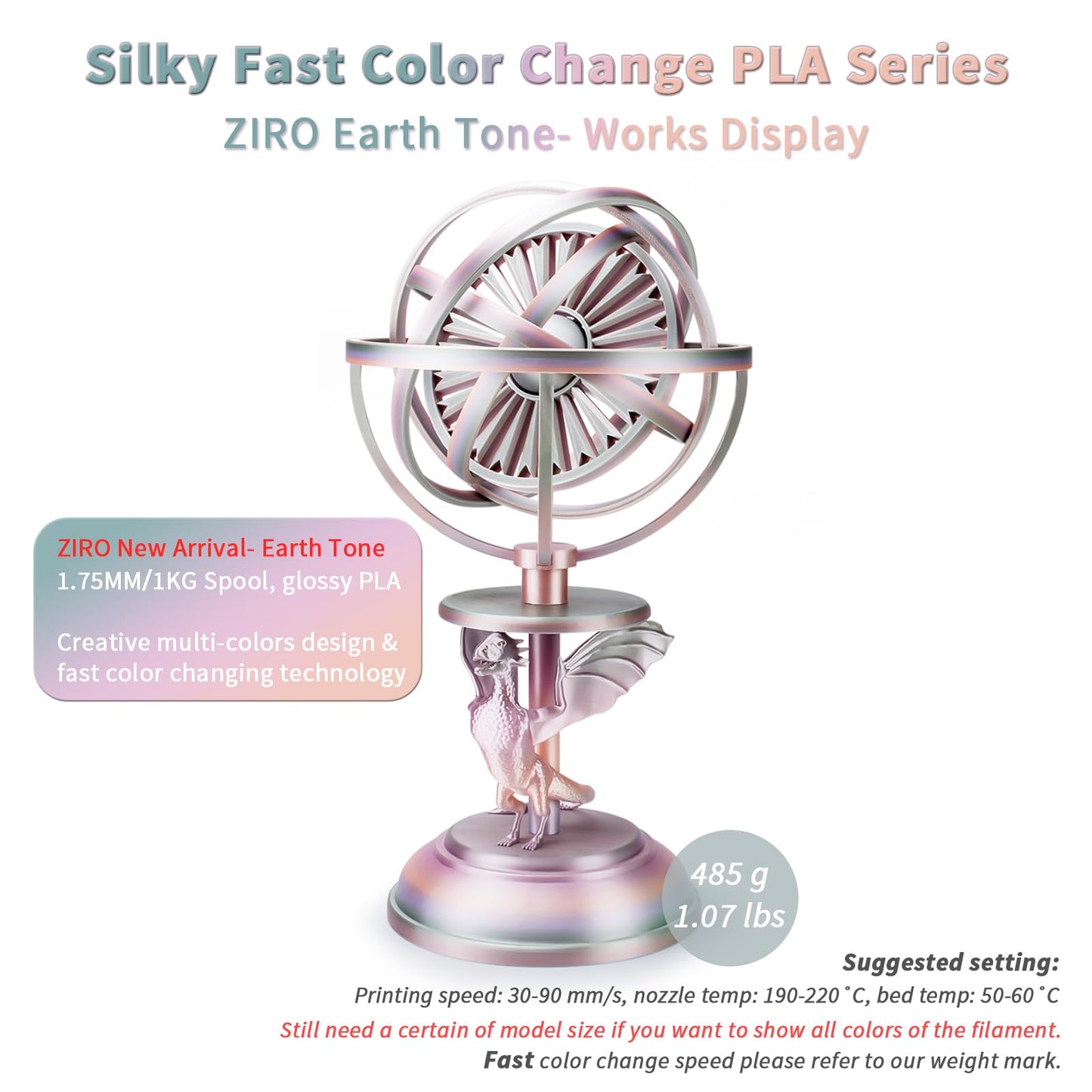 ZIRO 3D Printer Filament, Shiny PLA Fast Gradient Color Change, Glossy Color Change by Length PLA, Fit Most FDM 3D Printers, Dimensional Accuracy +/-0.03mm, 1KG/2.2lb Spool, Earth Tone(Silk)