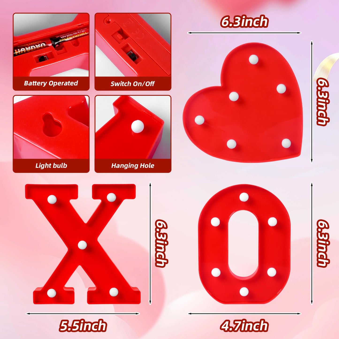 EDYCON 5Packs Valentine's Day Letter Lights Sign Table Decorations LED Light up Letters Battery Powered Letter for Home Party Bedroom Tabletop Fireplace Indoor Decor(XOXO Heart)