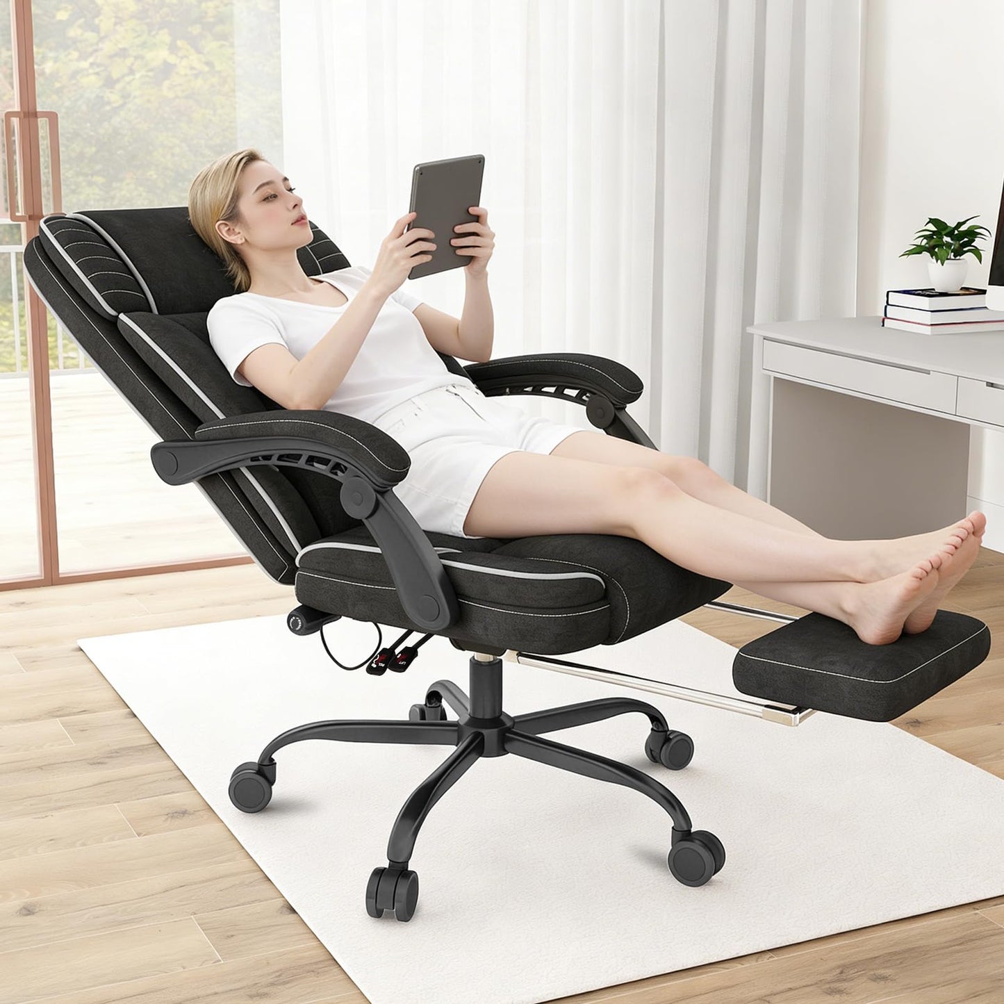 Executive Office Chair with Footrest, Ergonomic Reclining Computer Desk Chair with Adjustable Lumbar Support, 360° Swivel, Breathable Fabric, 400lbs Capacity for Home & Office