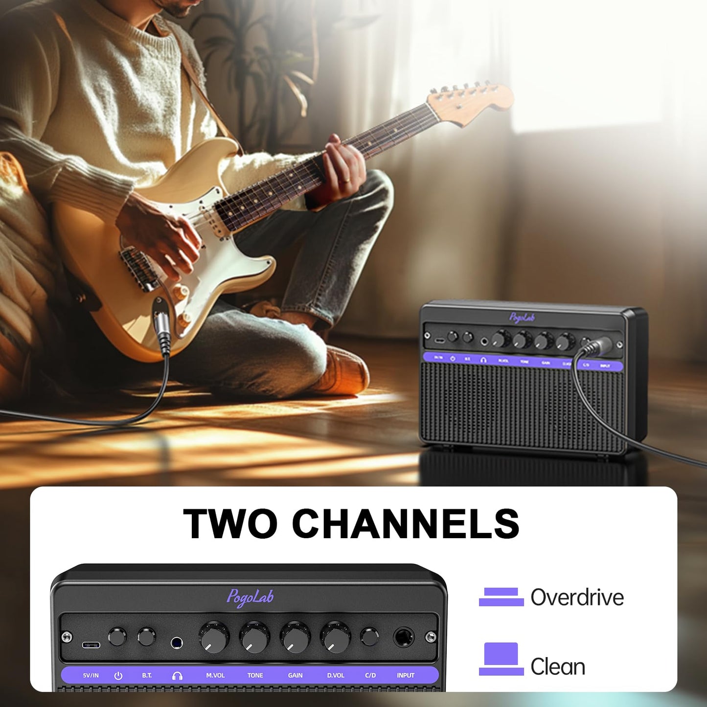 Portable Electric Guitar Amplifier, Pogolab Mini 10W Dual Speakers Bluetooth Amp With Rechargeable Battery (5H Play), Clean/Dist