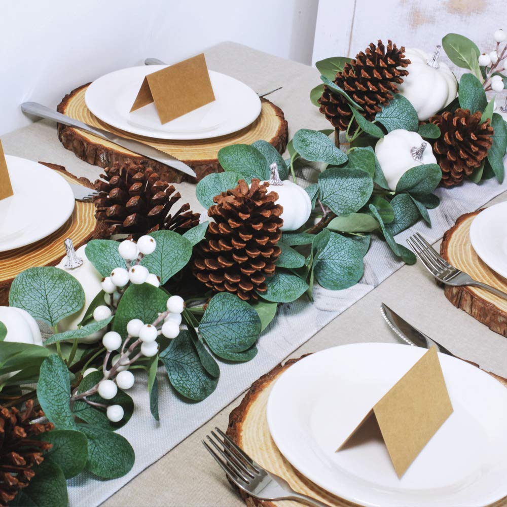 Winlyn White Pumpkin Garland Artificial Eucalyptus with White Pumpkins Pinecones Berries Fall Foliage for Wedding Arch Backdrop Thanksgiving Table Runner Farmhouse Decor 6' Long