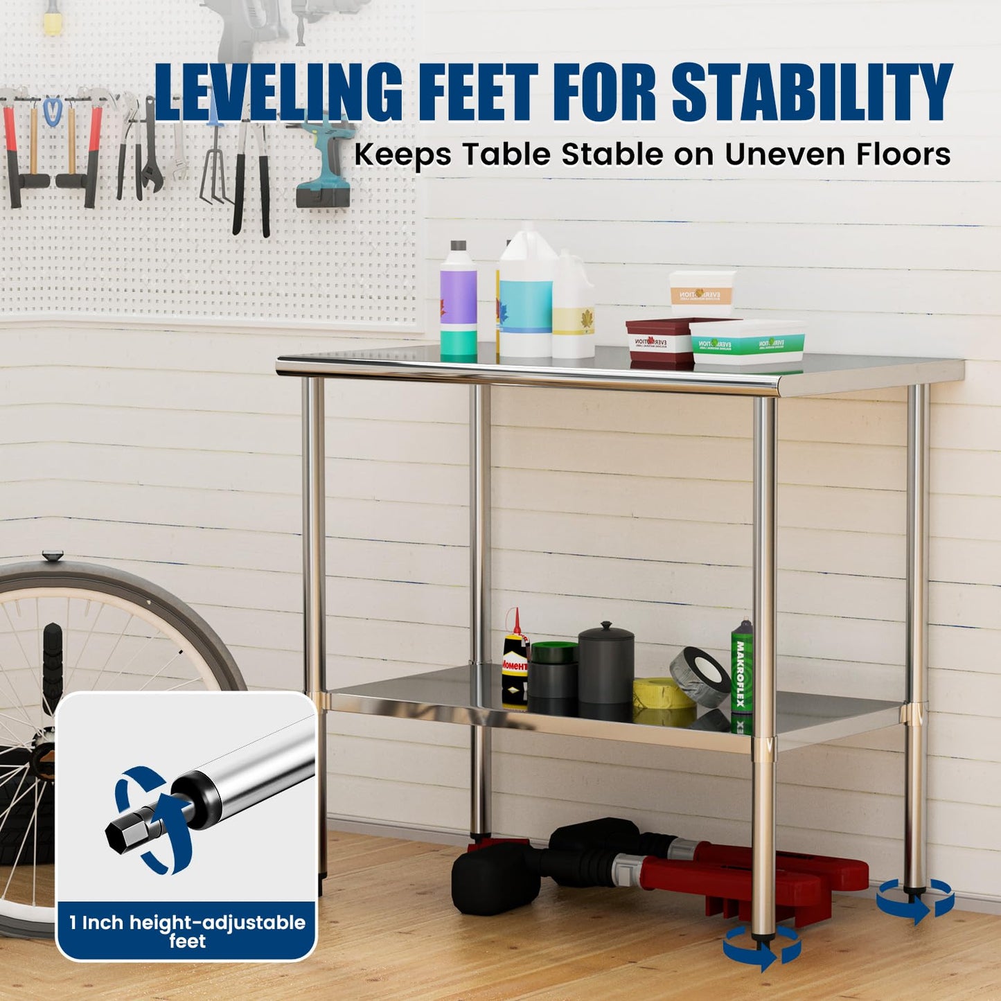 Stainless Steel Work Table 24 x 48 Inch with Adjustable Undershelf, Heavy-Duty Metal Prep Table for Commercial Kitchen & Restaurant, Garage, Outdoor