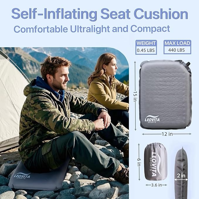 LEOVITA Inflatable Seat Cushion Lightweight Self-Inflating Memory Foam Cushion for Stadium Camping Bleachers Airplane Travel Waterproof Portable Blow Up,Gray