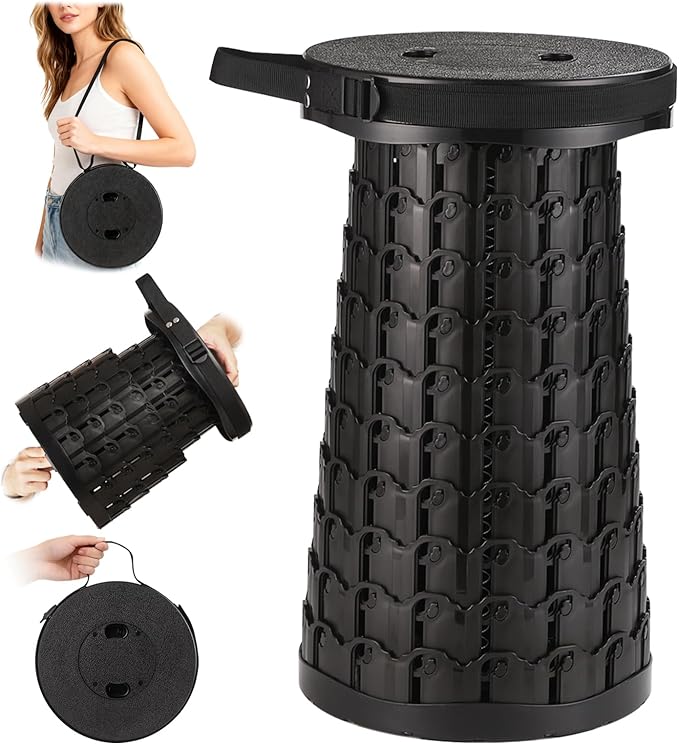 Spisces 2025 Heavy Duty Collapsible Stool | 600lbs Capacity, 18-in Tall Lightweight 2.6lbs Portable Retractable Telescoping Stool for Adults, Camping Fishing Hiking Travel BBQ