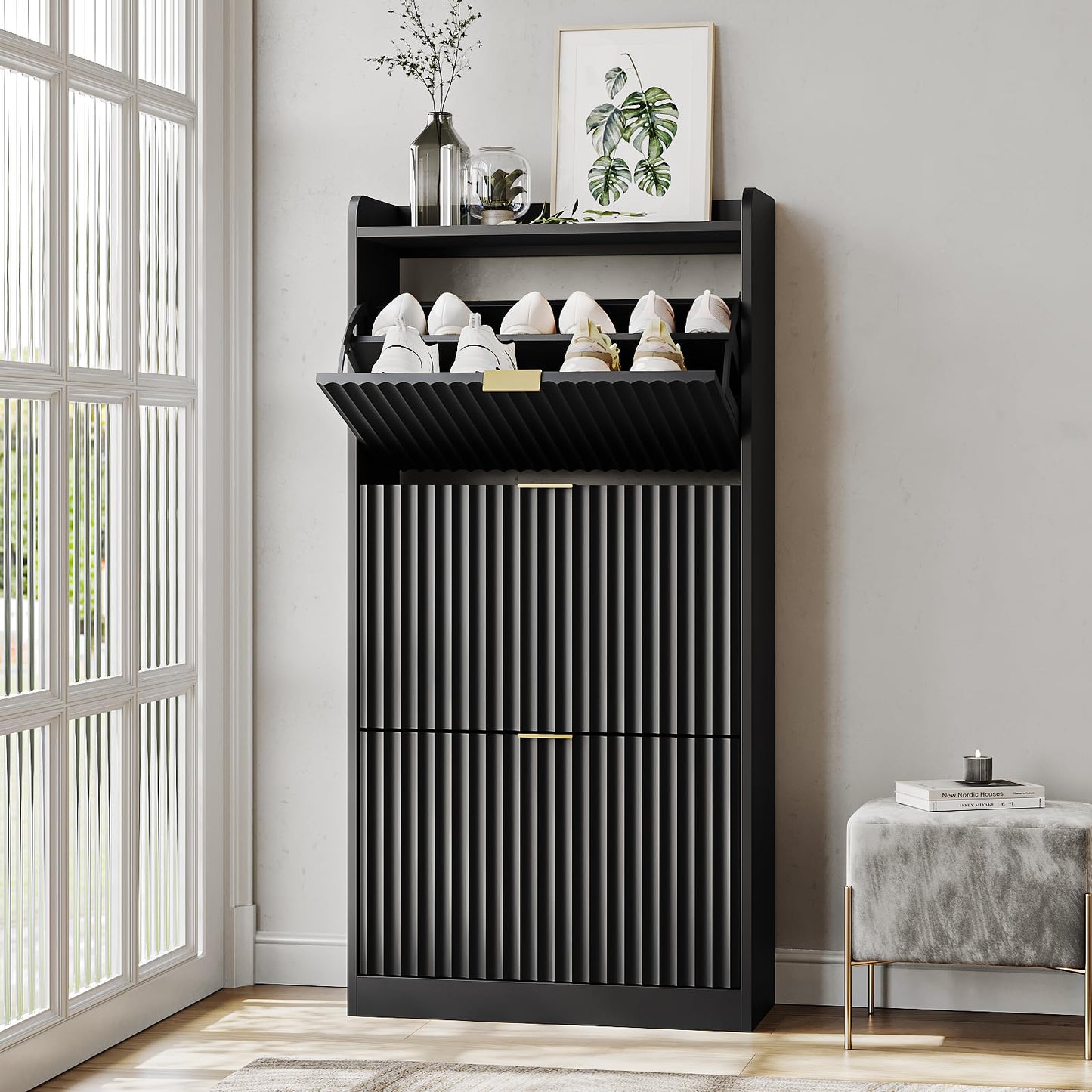 SINROM Fluted Shoe Cabinet with 3 Flip Drawers, Narrow Shoe Storage Cabinet for Entryway, Freestanding Shoes Rack Organizer Cabinets with Adjustable Shelves for Entryway, Hallway