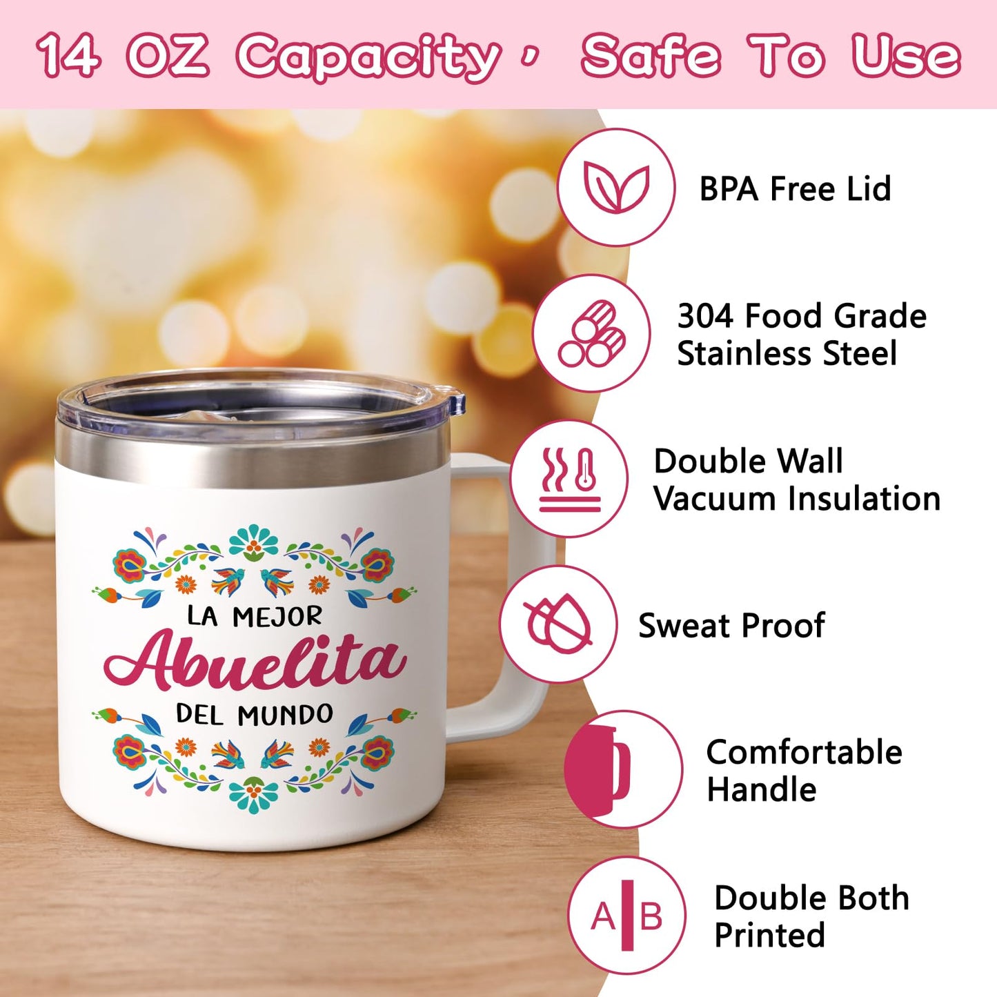Qtencas Abuela Gifts, Grandma Gifts, La Mejor Abuelita Del Mundo 14 Oz Insulated Coffee Mug, Abuelita Gift in Spanish for Mothers Day Birthday Christmas, Abuela Mug Gift for Grandma In Spanish