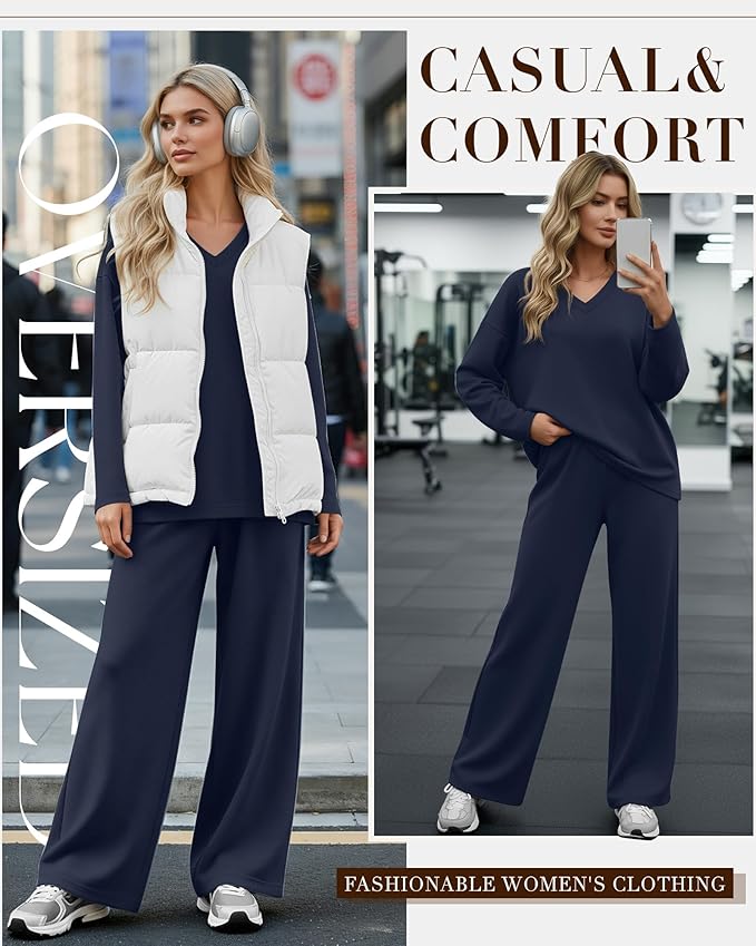 JoyMotion 2 Piece Women's Sweatsuit, V Neck Oversized Tracksuit Wide Leg Pant Fall Lounge Set Long Sleeve Sweatshirts Outfit