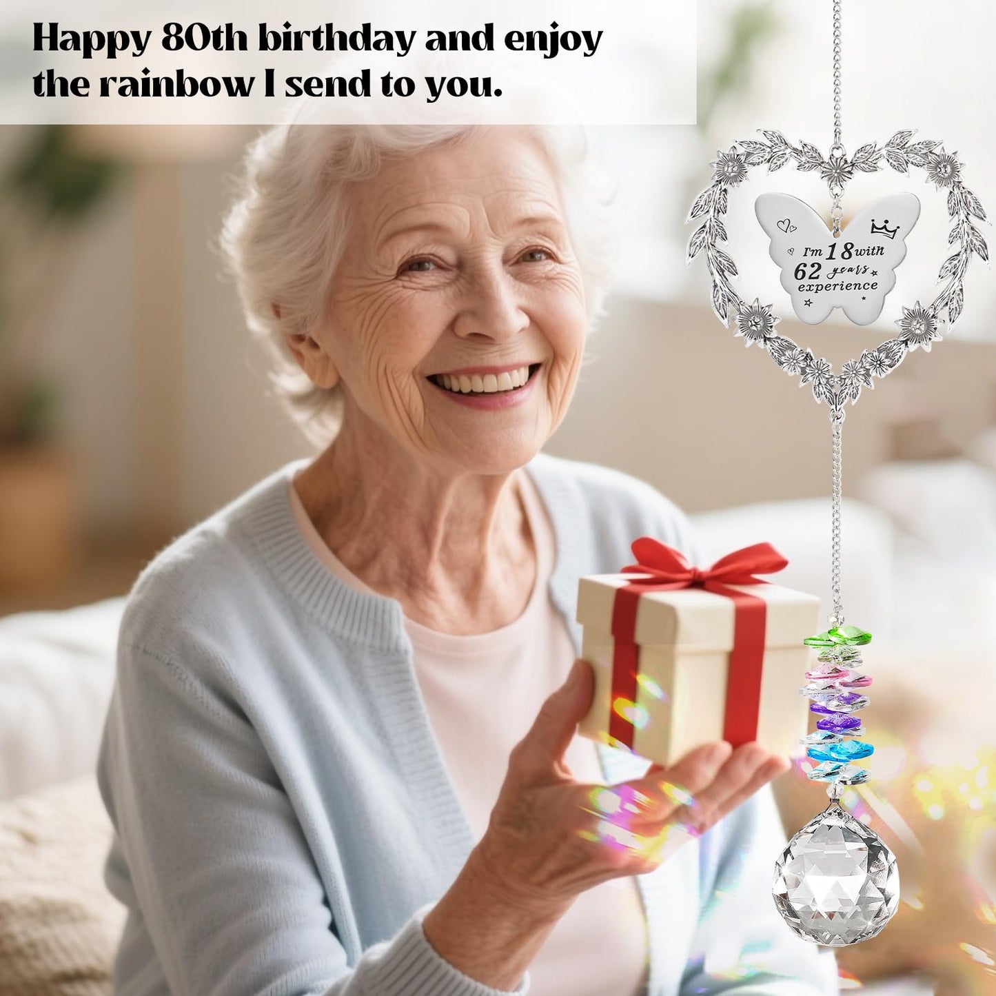 Elivida 80th Birthday Gifts for Women, Happy 80th Birthday Suncatcher for Her, Thoughtful 80 Bday Crystal Ornament for Wife, Mom, Grandma, Sister, Aunt, Turning 80 Year Old Rainbow Marker