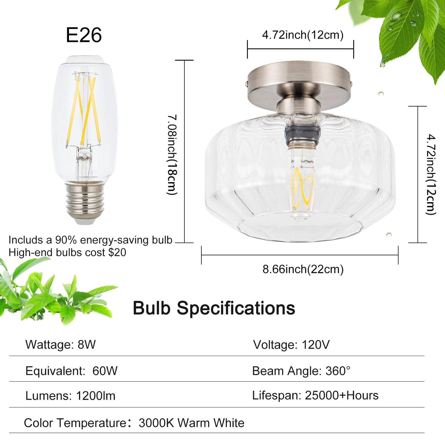 Tbaoinla Brushed Nickel Semi Flush Mount Ceiling Light Fixture with Textured Glass & Included 1200 Lumens LED Bulbs, Modern Hallway & Bathroom Light for Entryway, Kitchen, Laundry Room