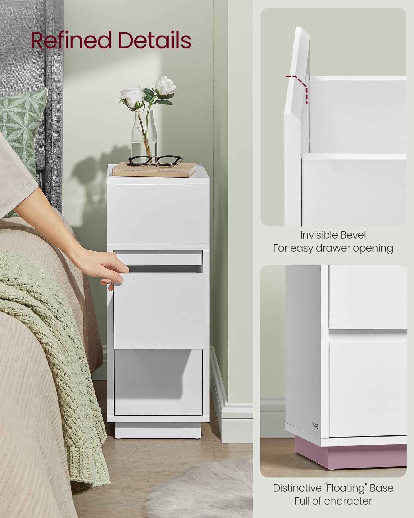 VASAGLE KAILYN Collection - Slim Bedside Tables, Set of 2 Small Narrow Side End Tables with Drawers, Flexible Open Compartment, for Bedroom, Living Room, Cloud White LET856W01