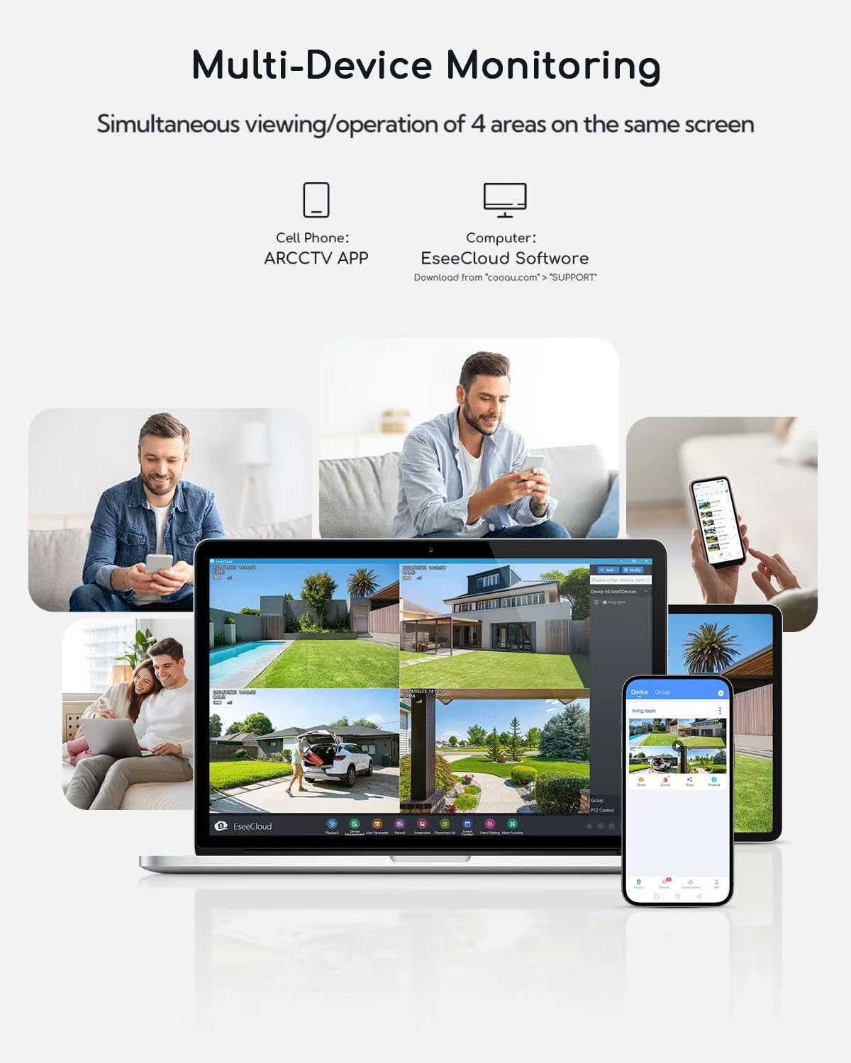 COOAU 4MP Solar Security Cameras Wireless Outdoor, 64GB Local Storage Outdoor Camera Wireless System, 360° Home Security, 5GHz & 2.4GHz WiFi, No Monthly Fee, Color Night Vision, PIR Motion Detection