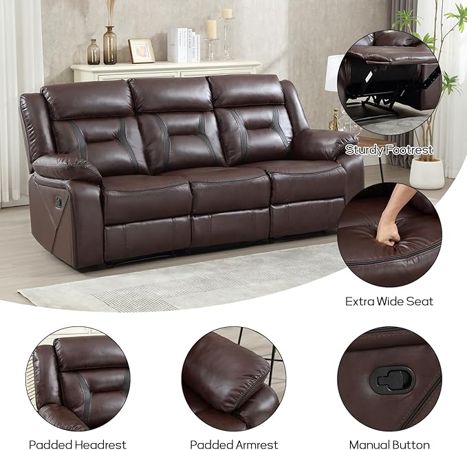 EBELLO Faux Leather Recliner Sofa Furniture Set for Living Room, 2 Recliner Chairs, 3 Seat Recliniing Sofa Couch Set for Meeting Room, Dark Brown