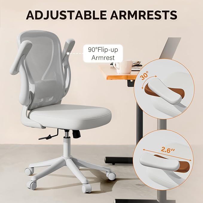 Ollega Computer Desk Chair with Wheels, Mesh Office Chair with Flip Up Arms, Adjustable Lumbar Support, Swivel Desk Chair Comfy, White
