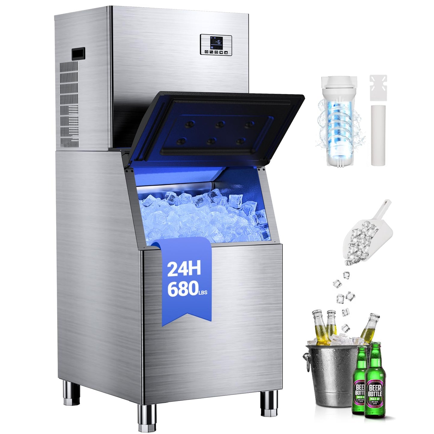Commercial Ice Machine 680LBS/24H with 560LBS Storage Bin, Large Industrial Ice Maker, Self-Cleaning, Timing Function, 210 Ice Cubes in 5-15min, Adjustable Ice Thicknesses
