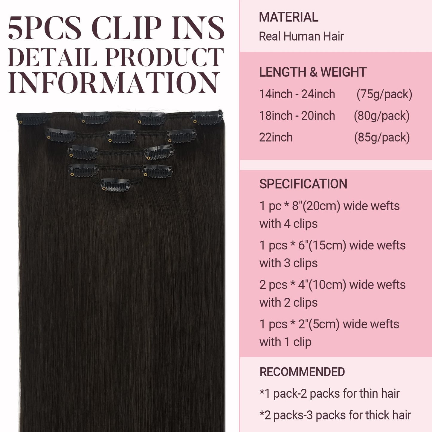 MAXITA Clip in Real Human Hair Extensions, 22 Inch 5pcs 80g Dark Brown Straight Hair Extensions