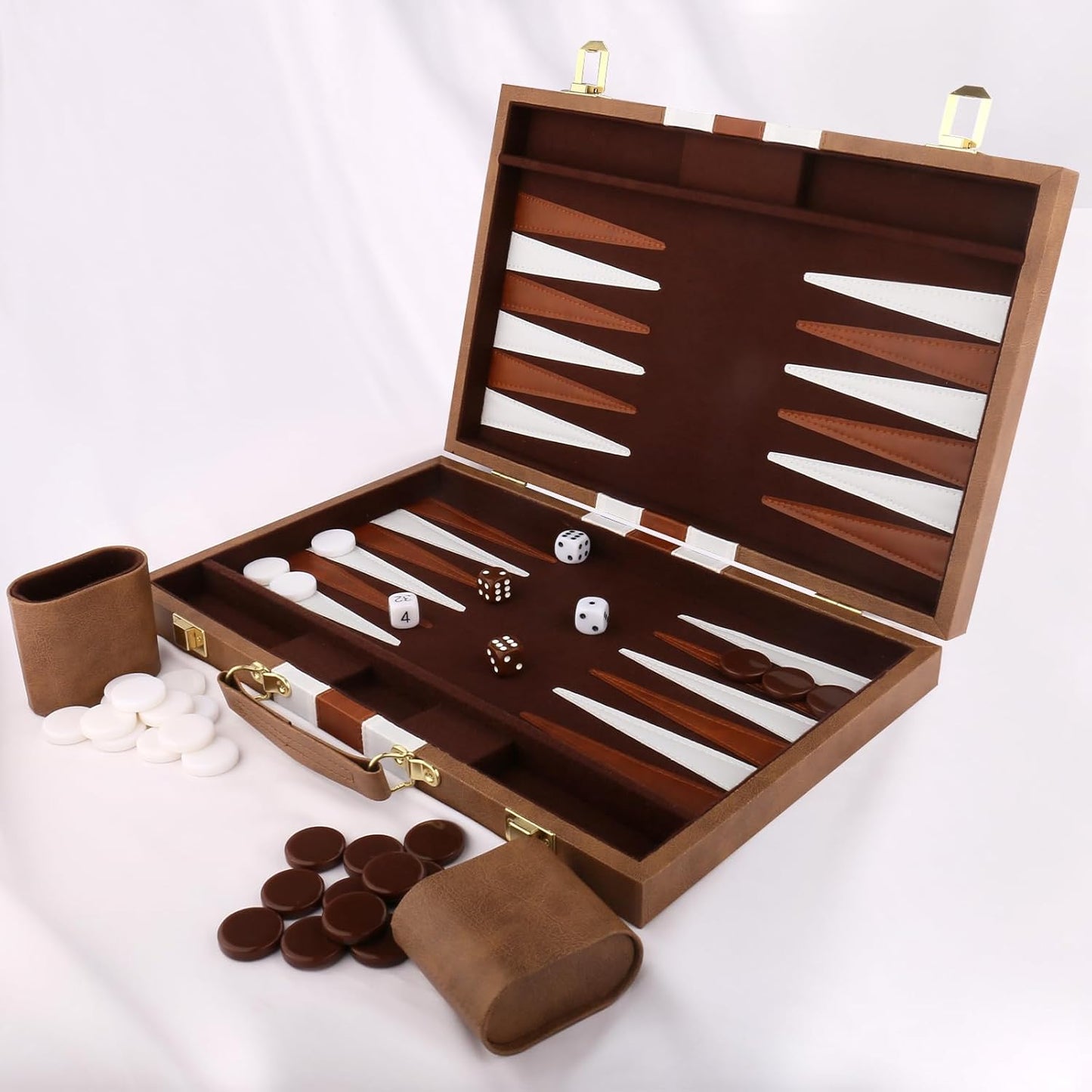 Backgammon Set - Classic Board Game with Premium Leather Case - Portable Travel Strategy Backgammon Game Set for Adults, Kids (18inch, Khaki)