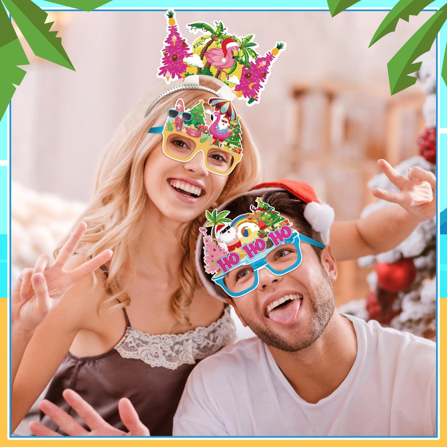 Yuxung 24 Pcs Christmas Party Favors, Summer Christmas Paper Eyeglasses and Headbands, Hawaiian Party Supplies Photo Booths Tropical Beach Santa Holiday Decorations