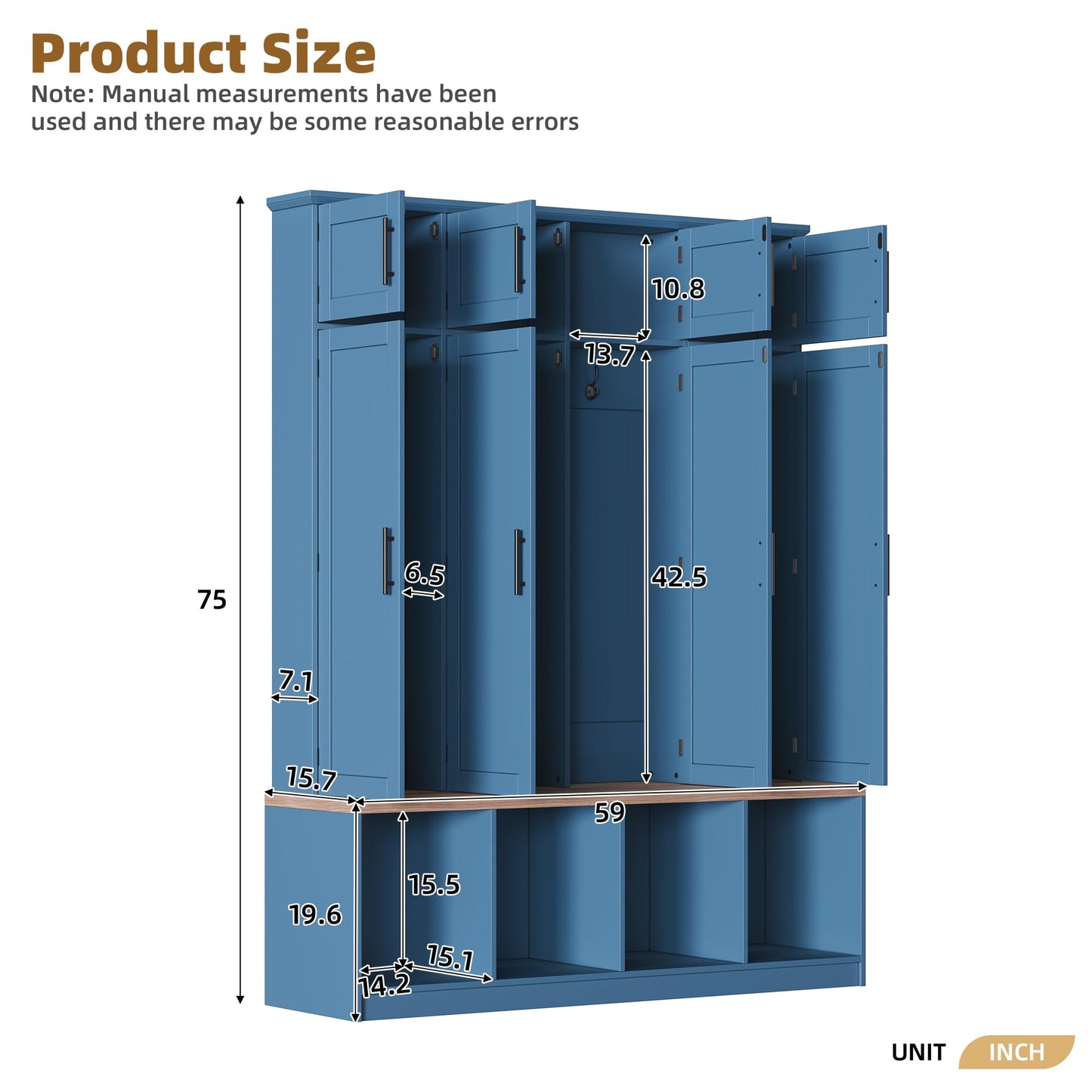 Hall Tree with Entryway Bench and Shoe Cabinet, Multi-Functional Seating Bench with 4 Hanging Hooks and 8 Doors, Blue