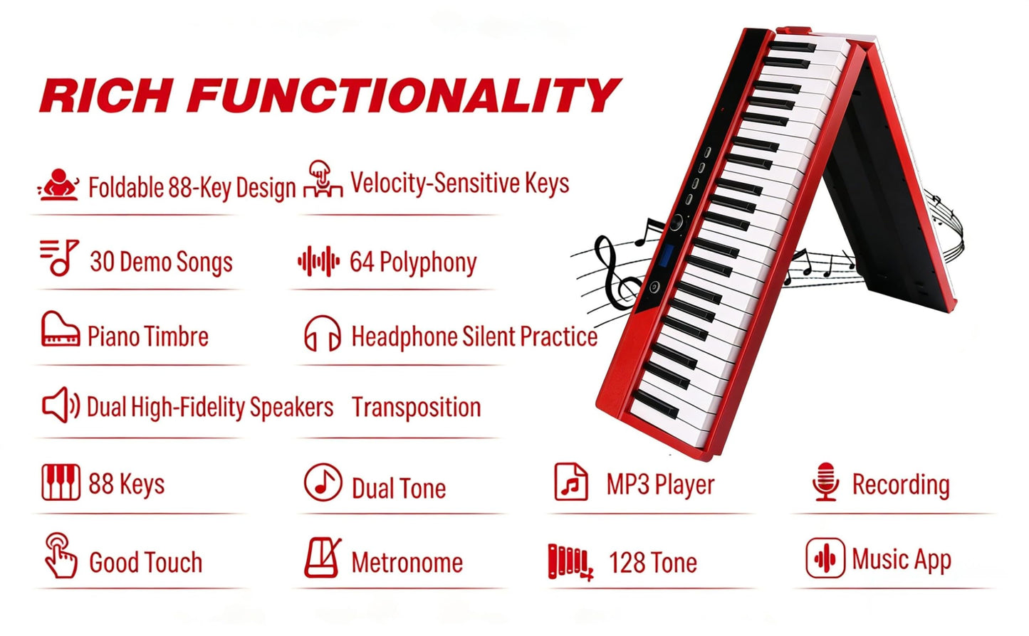 Coolmusic Beginner Digital Piano 88 Key Semi-Weighted Keyboard, Portable Electric Piano with Sustain Pedal, Power Supply