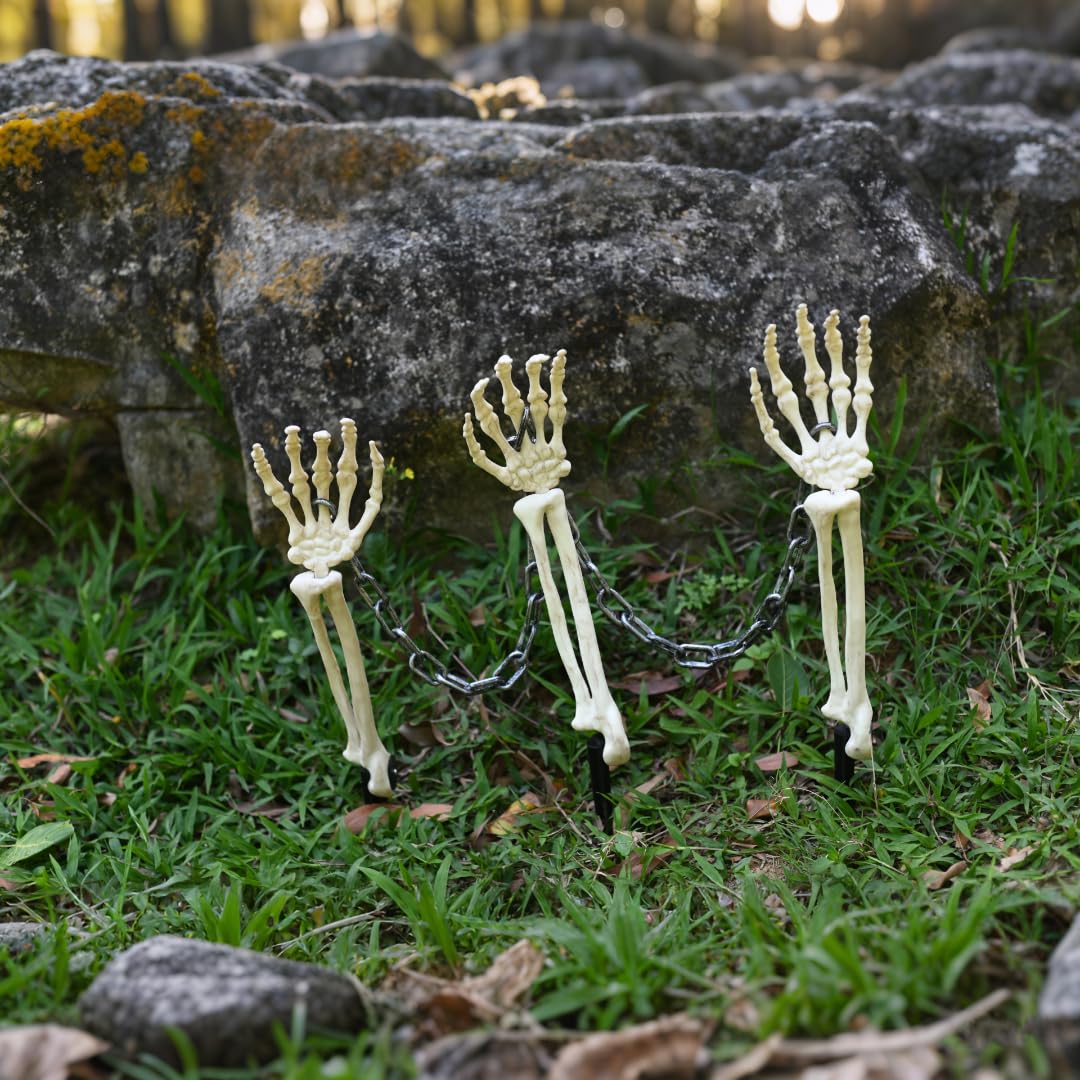 JUST FOR PARTY Halloween Skeleton Stake Decorations, 3 Skeleton Arms Stakes with 2 Chains, All-Weather Resistant Plastic Skeleton for Outdoor Party Yard Lawn Garden Graveyard Haunted House Decor