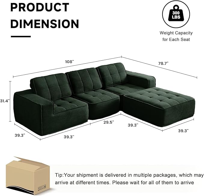 108" Boneless sectional Couch for Living Room,Convertible L-Shape Fleece Couches with Ottoman, Cloud Modular Sofa with Deep Seat for Bedroom, No Assembly,Green