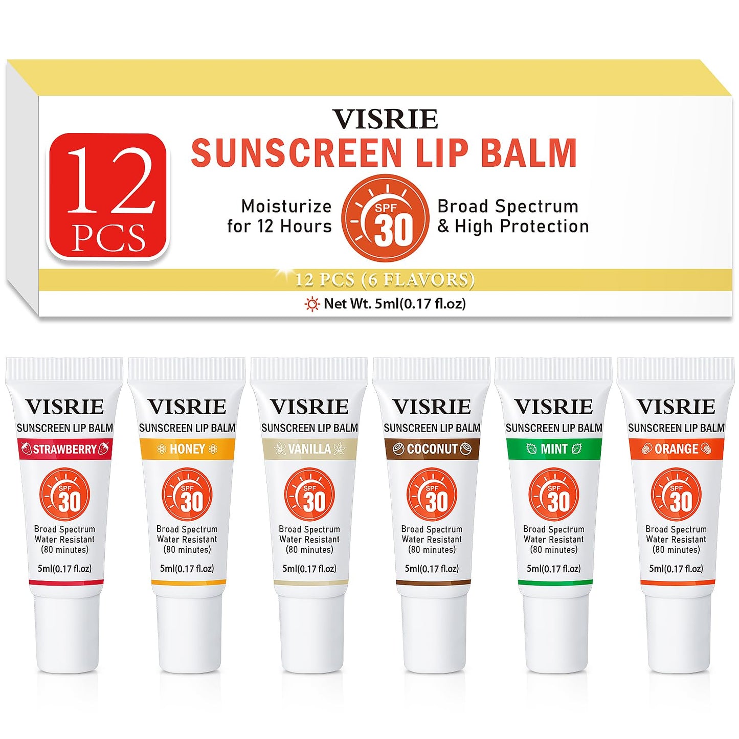 VISRIE SPF 30 Lip Sunscreen, SPF Lip Balm Bulk 12 Pack, Moisturizing Sunscreen Lip Balm with Vitamin E and Shea Butter, Non-Stic