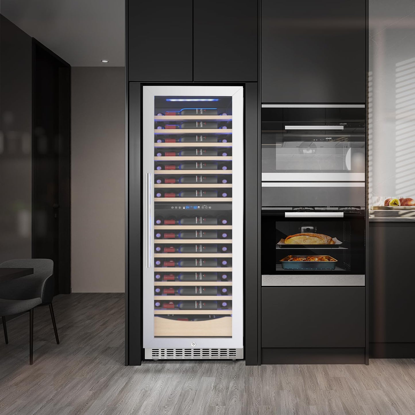 COWSAR 24 Inch Wine Cooler Drink Fridge, 105 Bottles Commercial Wine Fridge, Tall Freestanding/Built-in Beverage Refrigerator Glass Door with Removable Wooden Shelves, Blue LED Lights, Safety lock