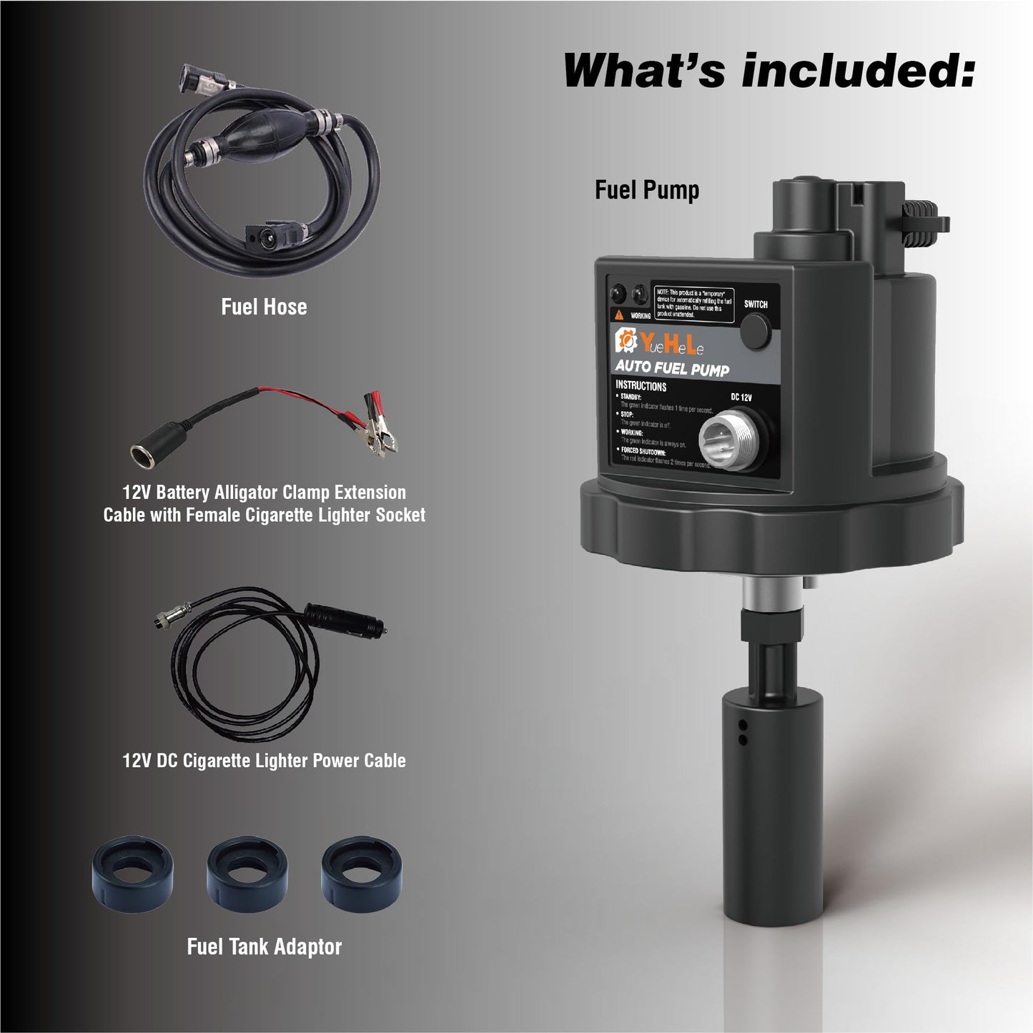 YueHeLe 12V DC Gasoline Fuel Pump for Generators,Automatically Pump fuel, Universal Fit with 3 Adapters, Non-stop running the generator
